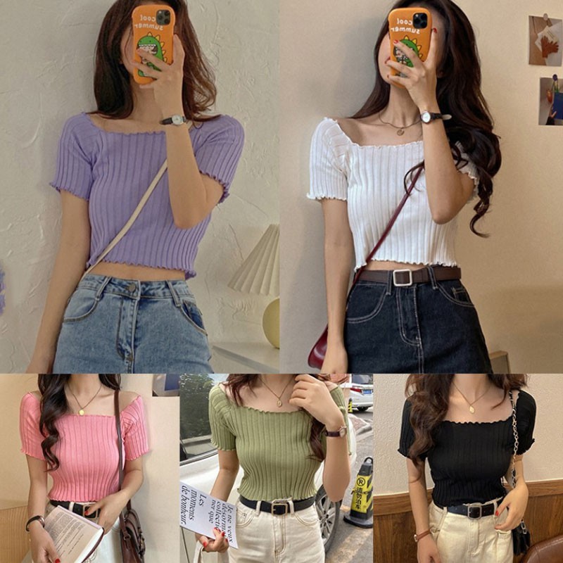 Xiaozhainv Áo Thun Trễ Vai Tay Ngắn Kiểu Dáng Sexy Theo Phong Cách Retro