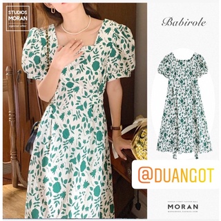 Váy hoa xanh lá MORAN tay phồng thắt eo cổ vuông xòe dài điệu đà style Hàn Quốc
