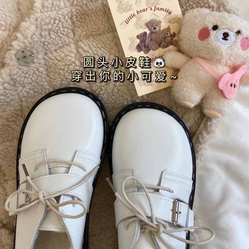 youngz Women's Shoes Spring New Style White Leather Shoes Female Students Velcro LolitajkBig Head Shoes British White Shoes