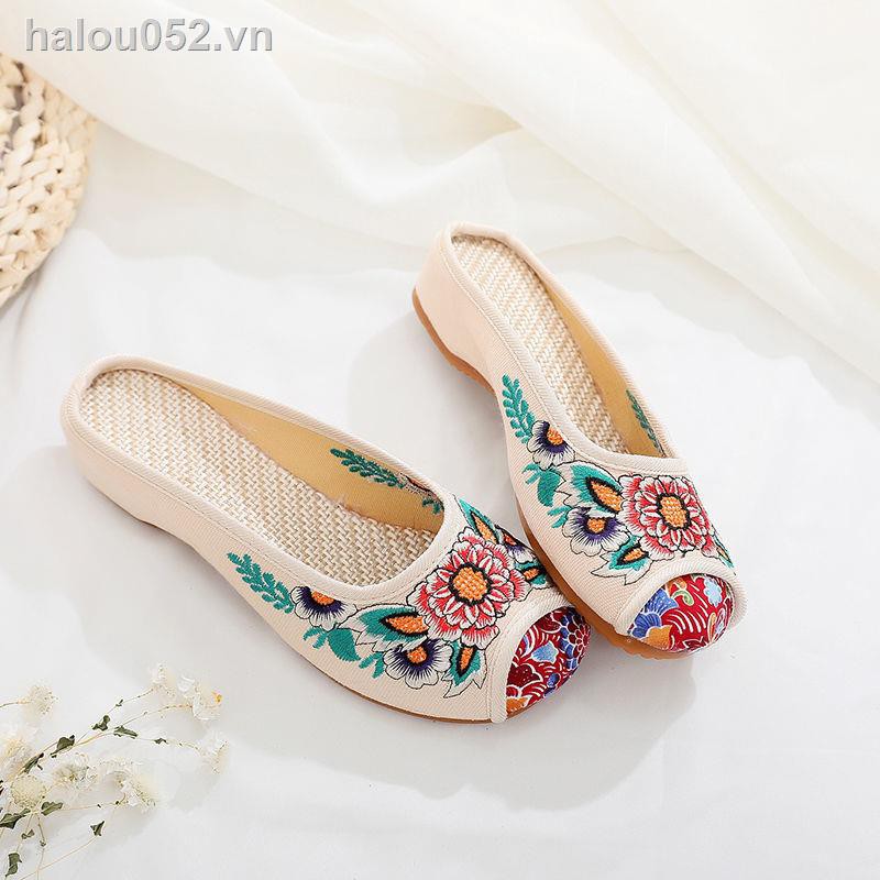 Giày Lười Thêu Họa Tiết Phong Cách Bắc Kinh Cổ Điển Thời Trang Mùa Hè Cho Nữ