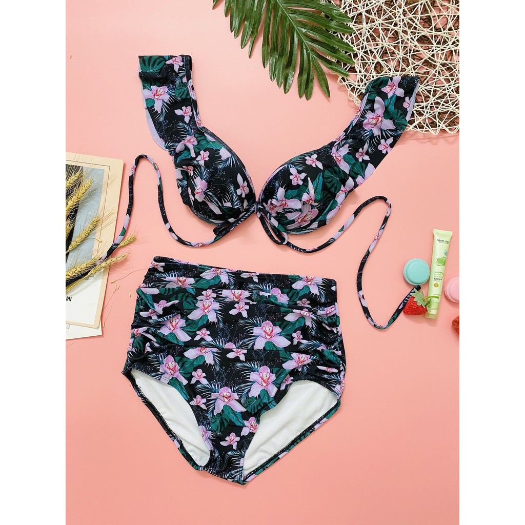 Bikini đồ bơi cánh tiên bèo vai hai mảnh hoa lá tối màu trung niên mặc được mặc đi biển đi bơi đẹpmới nhất tại Hà Nội