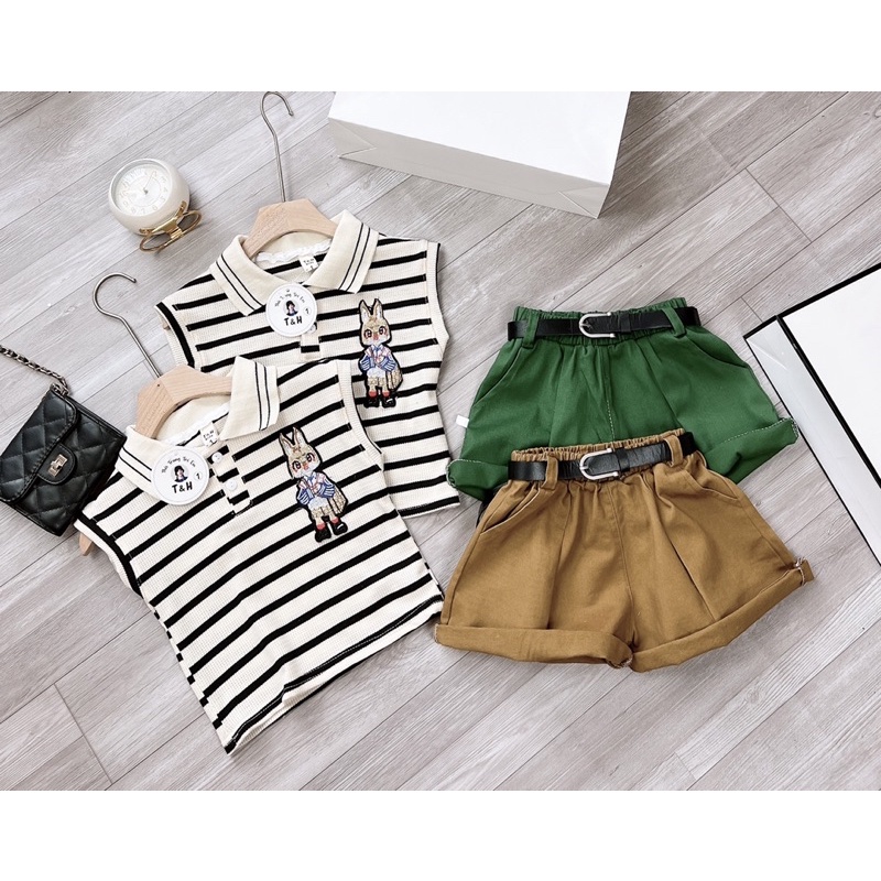 Set bộ bé gái, set áo len thỏ quần kaki kèm đai , sét áo kẻ cotton quần kaki kèm đai cho bé 8-28kg