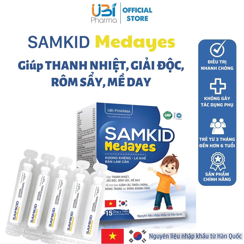 Thực phẩm bảo vệ sức khỏe Samkid Medayes giúp thanh nhiệt, giải độc, rôm sẩy, mề đay 15 ống x 10ml - UBI Official