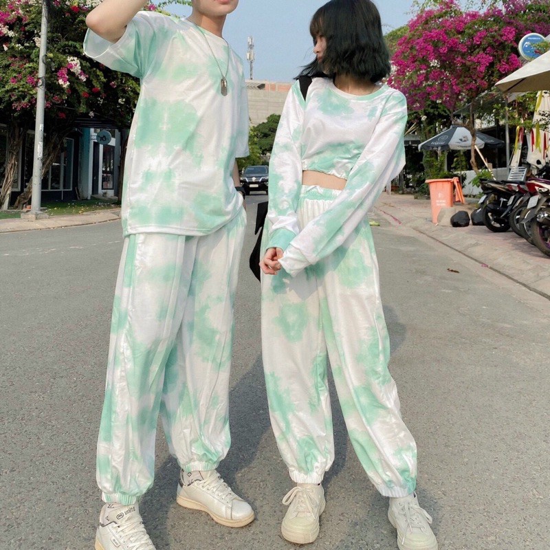 Set đồ đôi couple nam nữ - Set áo croptop loang tay dài bo eo + Quần jogger loang dài ống rộng dây rút