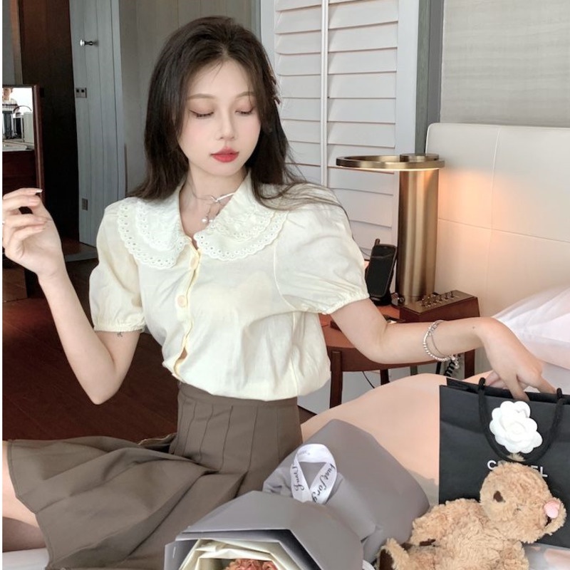 Áo Sơ Mi Ngắn Tay Cổ Búp Bê Khoét Nhiều Lớp Thời Trang Mùa Hè Cho Nữ