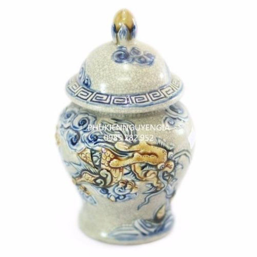 Gốm Bát Tràng đắp Rồng nổi men rạn cổ cao 16 cm