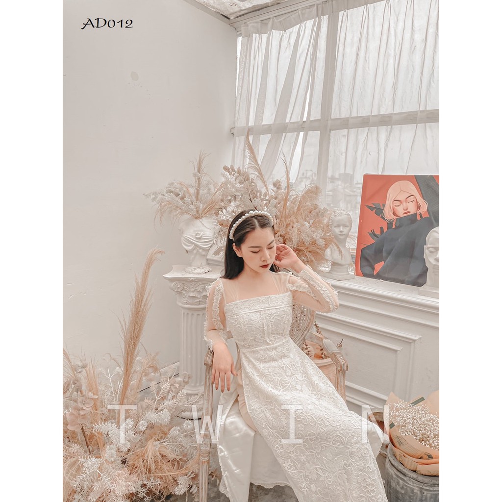 Áo dài dáng ôm KỀM QUẦN, áo dài TWINS STORE chất ren sợi nổi sang chảnh, màu Kem Be - AD012