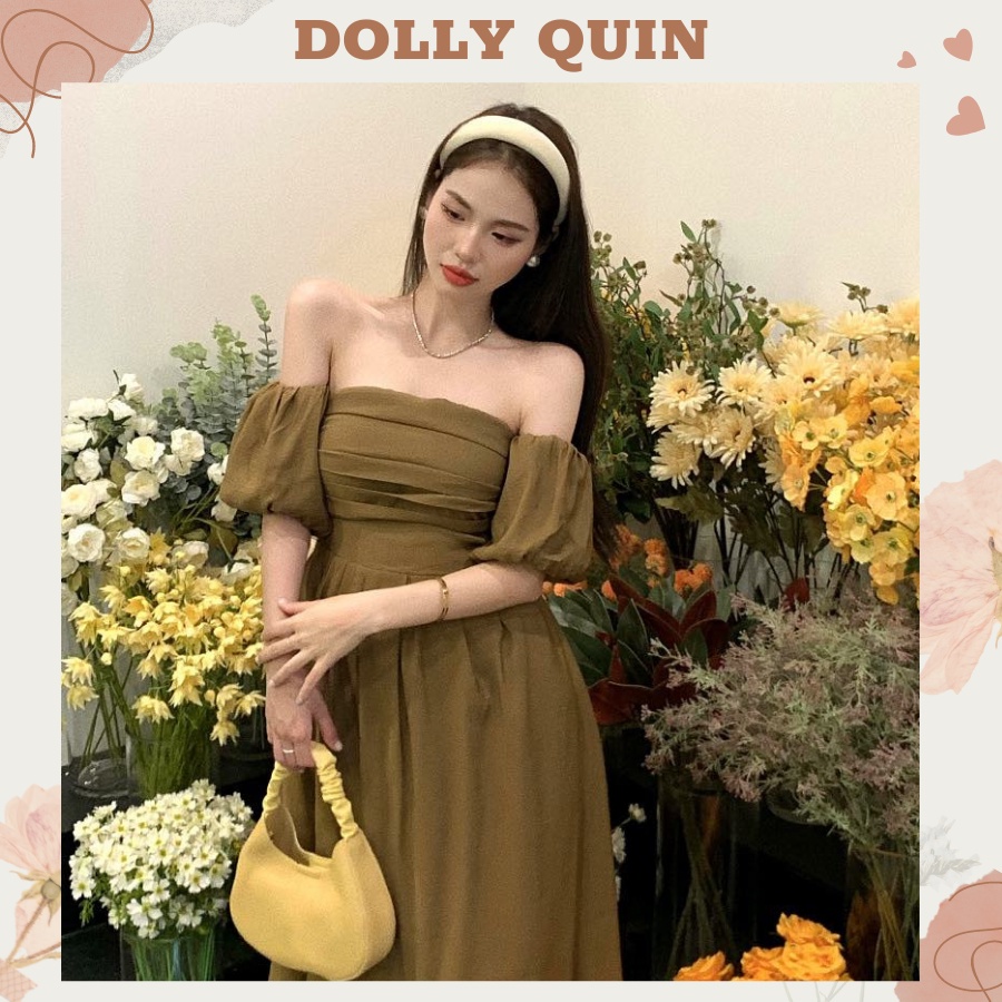Đầm trễ vai tay bồng váy dự tiệc dáng dài lưng chun kaki nâu co giãn Đ005 Dolly Quin