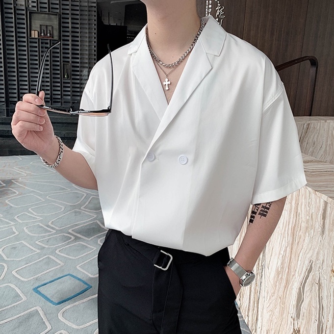 Áo Sơ Mi Polo Tay Ngắn Dáng Rộng Màu Trơn Thời Trang Mùa Hè Phong Cách Hàn Quốc Cho Nam Giới