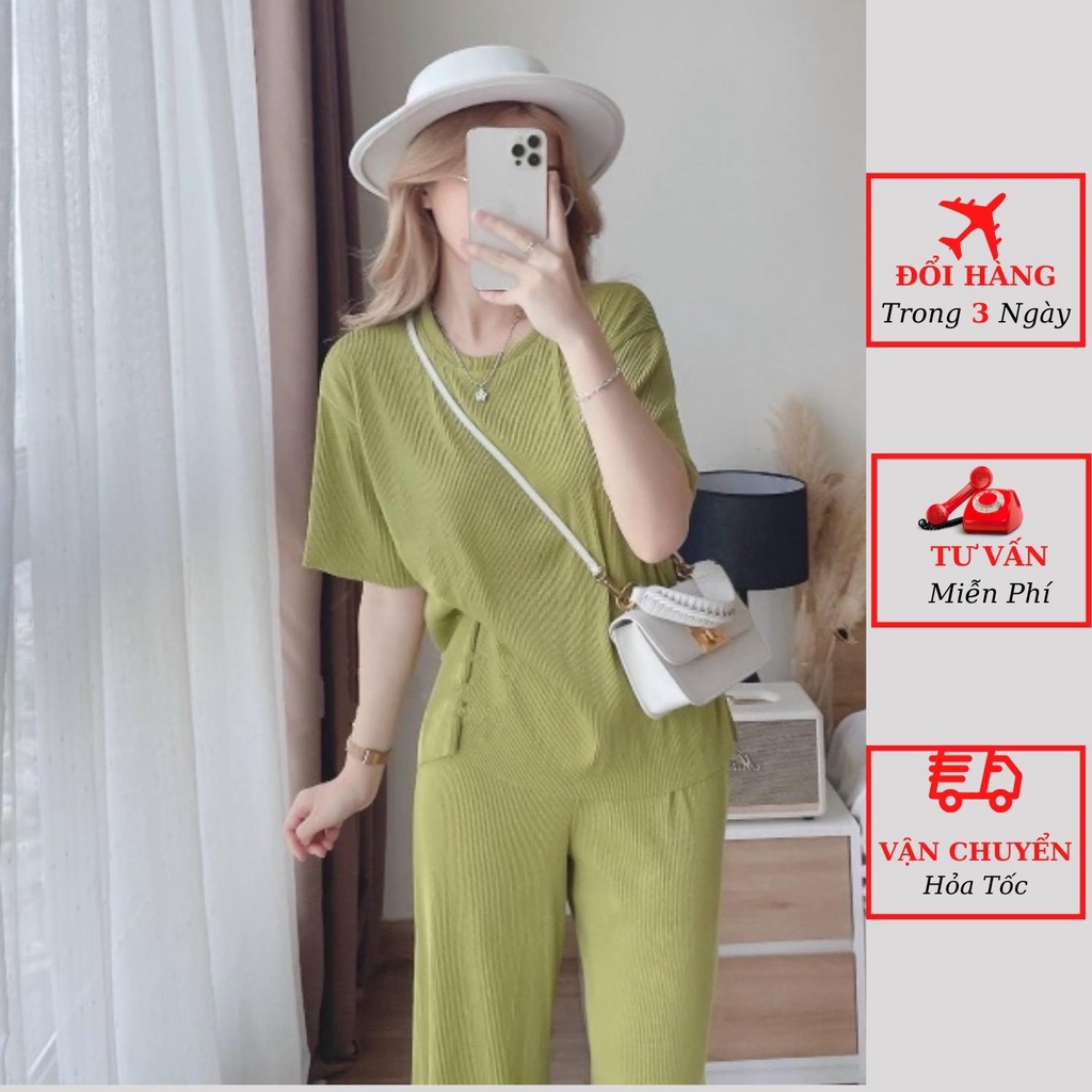 Set áo dập ly nữ ngắn tay kèm quần suông ống rộng đi biển du lịch ulzzang Hàn Quốc