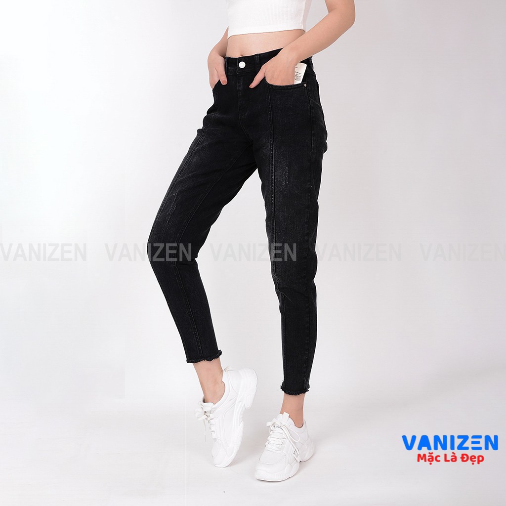 Quần jean nữ ống rộng baggy đẹp lưng cao cạp căn bản xám gân xước nhẹ hàng hiệu cao cấp mã 464 VANIZEN