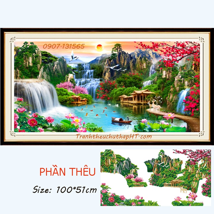 Tranh thêu chữ thập Phong cảnh lưu thủy sinh tài 100*51cm - tự thêu