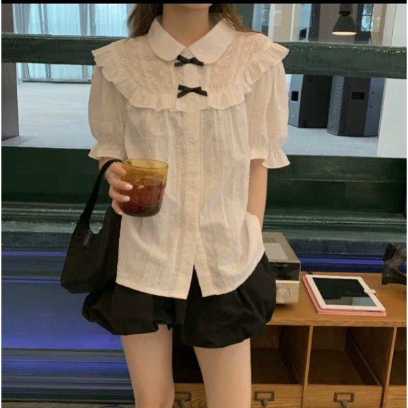 Áo sơ mi nữ kiểu kẻ viền bèo tay cộc(video+ảnh thật)