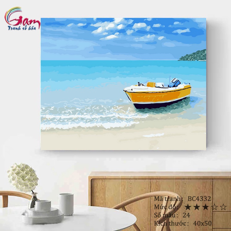 Tranh sơn dầu số hóa tự tô màu theo số Gam Phong Cảnh Thuyền Và Biển căng khung 40x50cm BC4332