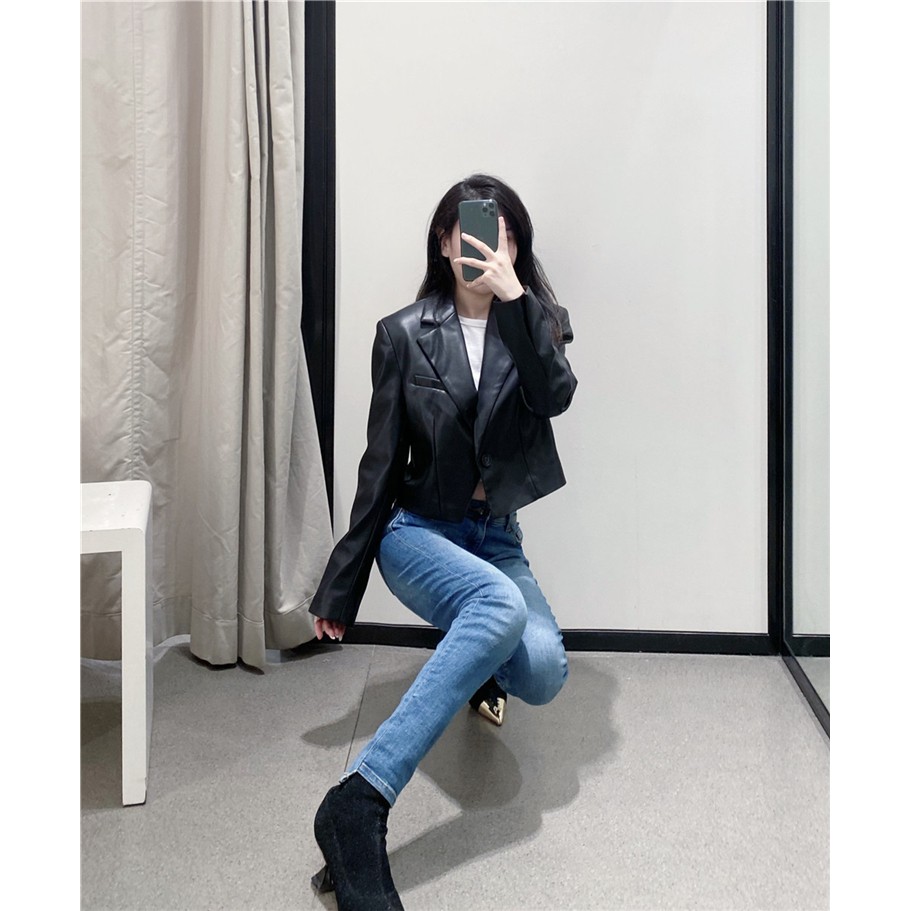 ÁO KHOÁC NỮ BLAZER DÁNG LỬNG DA MÀU XANH ĐEN | BigBuy360 - bigbuy360.vn
