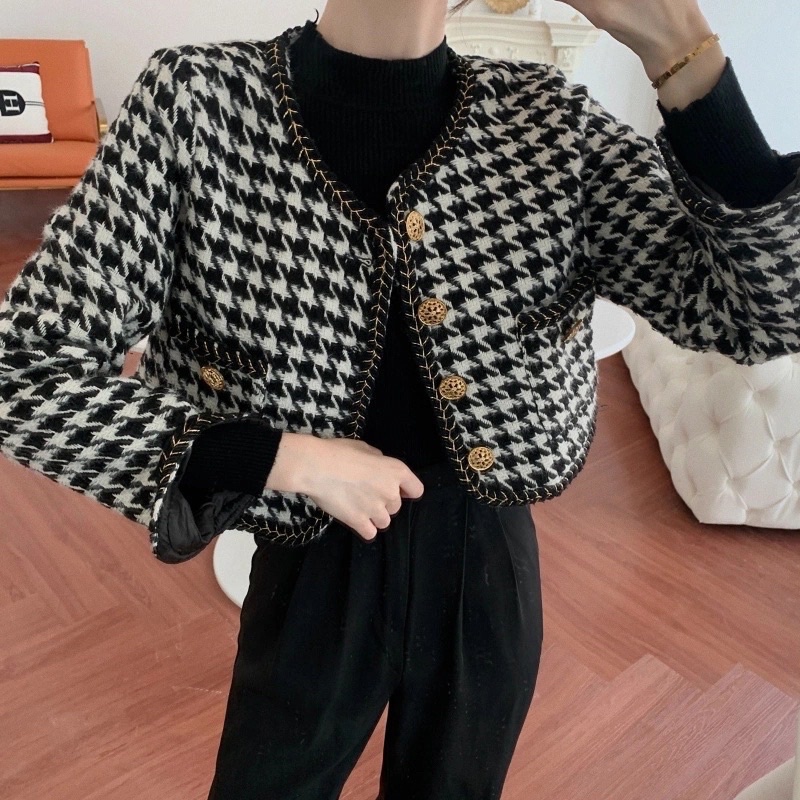 Áo Dạ Tweed Quảng Châu Kẻ Ziczac Dáng Ngắn (Hàng QC 2 Lớp Dày dặn) Áo Khoác Dạ Tweed Form Đứng | BigBuy360 - bigbuy360.vn