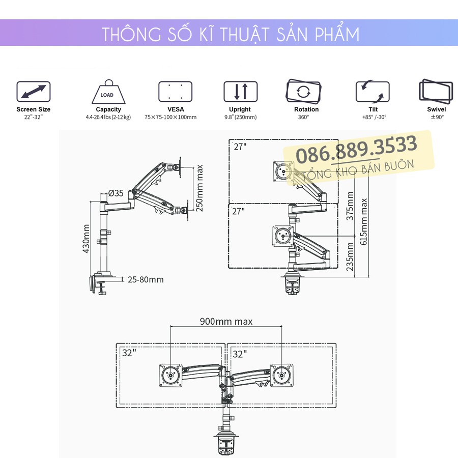 #H180 / Giá Treo 2 Màn Hình NB H180 22 - 32 Inch - Giá Đỡ Màn Hình Đôi Gắn Bàn