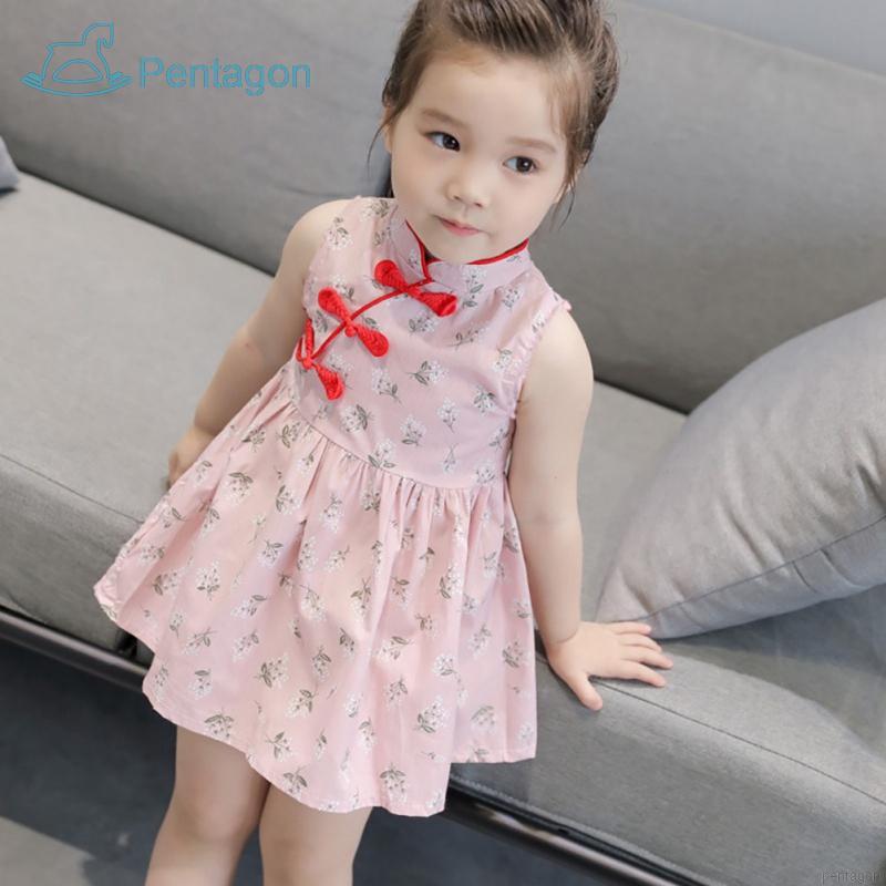 Đầm Bé Gái In Hoa Phong Cách Trung Quốc