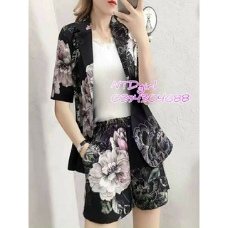 Hàng nhập - Set bộ vest nữ lụa in hoa tím, bộ quần áo vec công sở