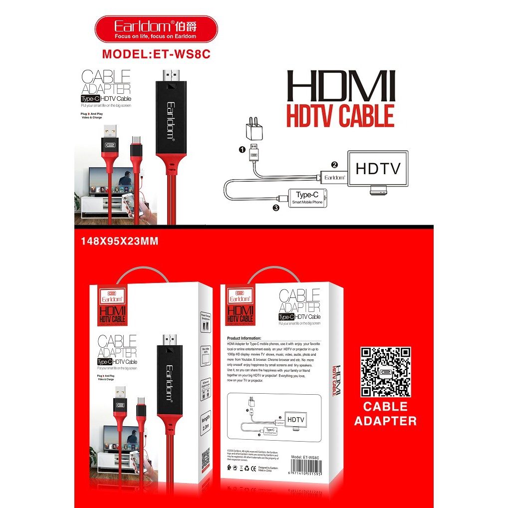 Dây Cáp HDMI Earldom WS8C Type C USB 2m Loại Dẹt tivi, chơi game, máy chiếu, chuẩn full HD - BH 1 Năm - Made in Taiwan