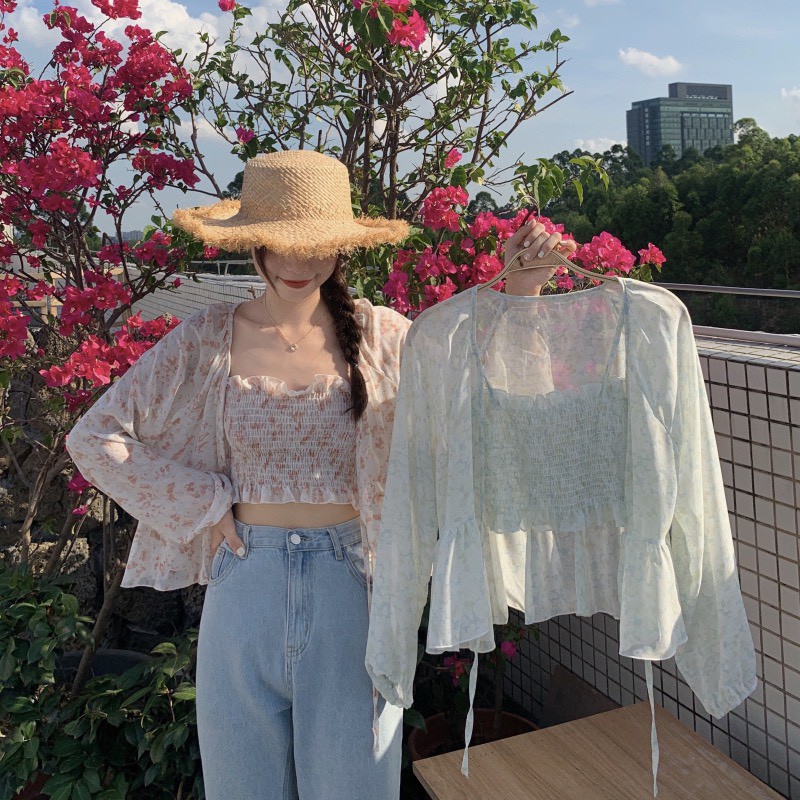 Set áo hay dây nhún thân áo khoác ngoài voan chifon cực xinh Ulzzang style Hàng Quảng Châu