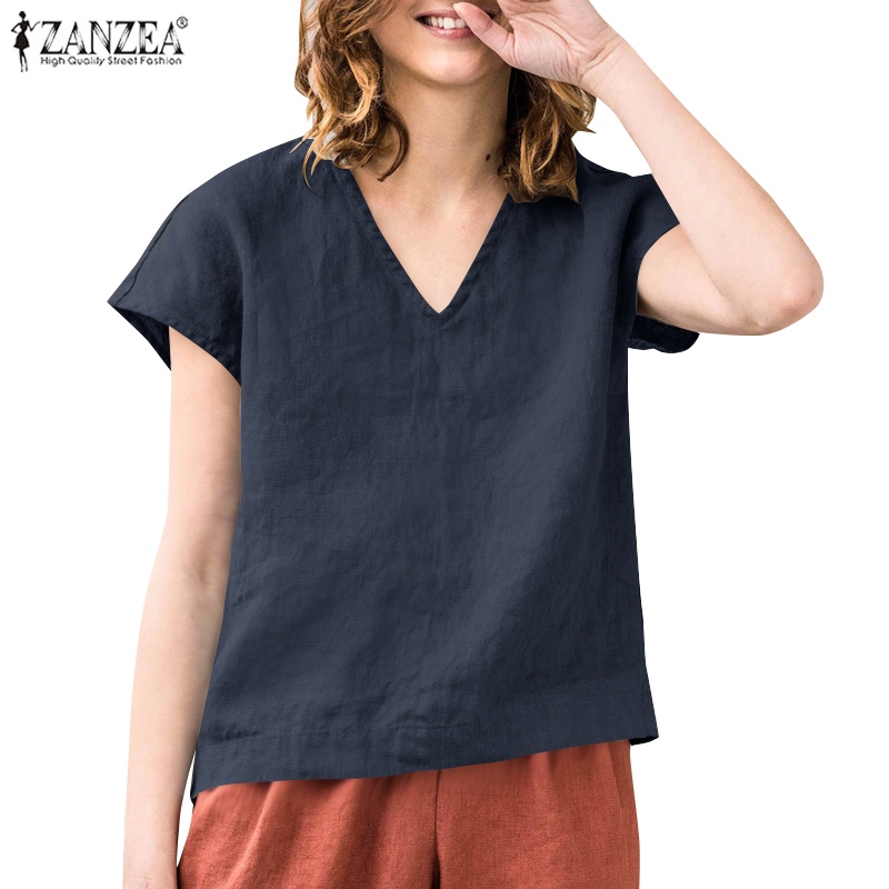 Áo kiểu ZANZEA cho tay dài cổ chữ V màu trơn phong cách cổ điển