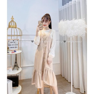 Váy Yếm Nhung Nữ, Sét Váy Yếm Dây Đuôi Cá Phối Áo Tay Phồng Rời Phong Cách Hàn Quốc Trẻ Trung Năng Động.