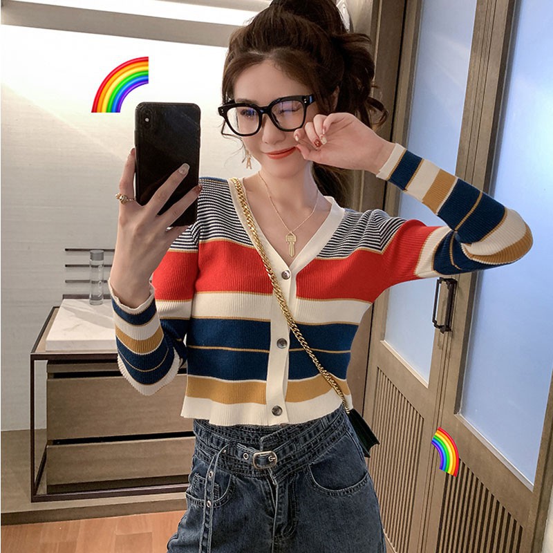 Áo khoác Cardigan hoạ tiết kẻ sọc phối nút thiết kế dáng rộng thoải mái