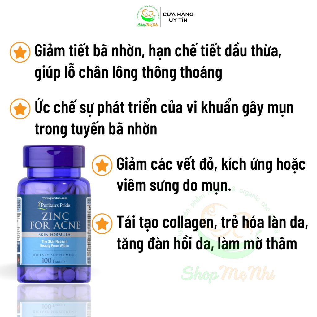 Viên uống kẽm giảm mụn Zinc For Acne Puritan's Pride cho da dầu mụn 100 viên.
