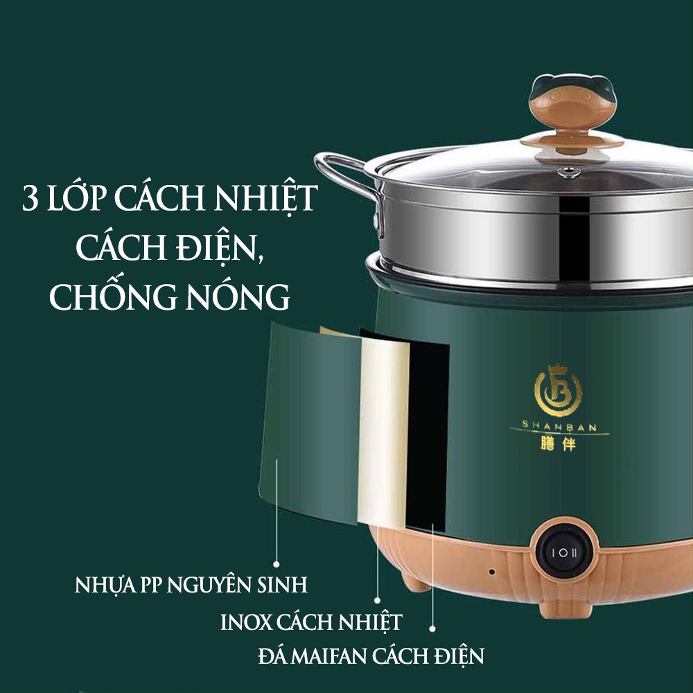 Nồi Lẩu Điện Shaban Mini 2 Tầng Đa Năng Tặng Kèm Khay Hấp INOX (Chiên, Xào, Nấu ăn, nấu cơm, nấu lẩu)