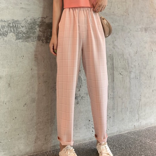 Women's elastic waist plaid casual pants