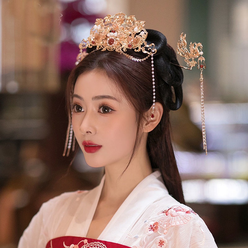 [Aishang Xinh Đẹp] Phụ Kiện Cài Tóc Hình Vương Miện Hán Phục Màu Vàng Đỏ Dễ Phối Đồ Phụ Kiện Đám Cưới Cho Cô Dâu