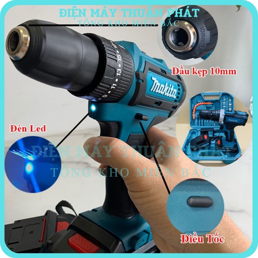 Máy khoan pin siết ốc bắt bắn vít bulong cầm tay mini Makita 36V súng 3 chức năng có búa giá rẻ, Tặng kèm 24 chi tiết