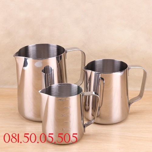 Ca đánh sữa inox (có vạch chia) 350ml - 550ml - 1 Lít-  Lọ rắc bột inox Bút vẽ latte Tạo bọt cà phê Khuôn capuchino