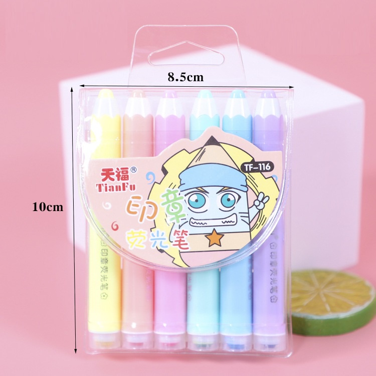 Bút dạ quang đánh dấu nhớ dòng ghi chú 6 màu có đầu đóng dấu hình động vật ngộ nghĩnh