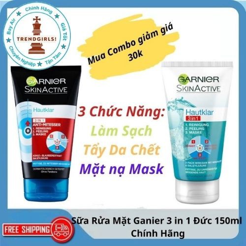 Sữa rửa mặt Garnier Skinactive Đức 3 in1, 150ml 3 Chức Năng phù hợp với rửa mặt da nhờn và da mụn đầu đen - trend girls