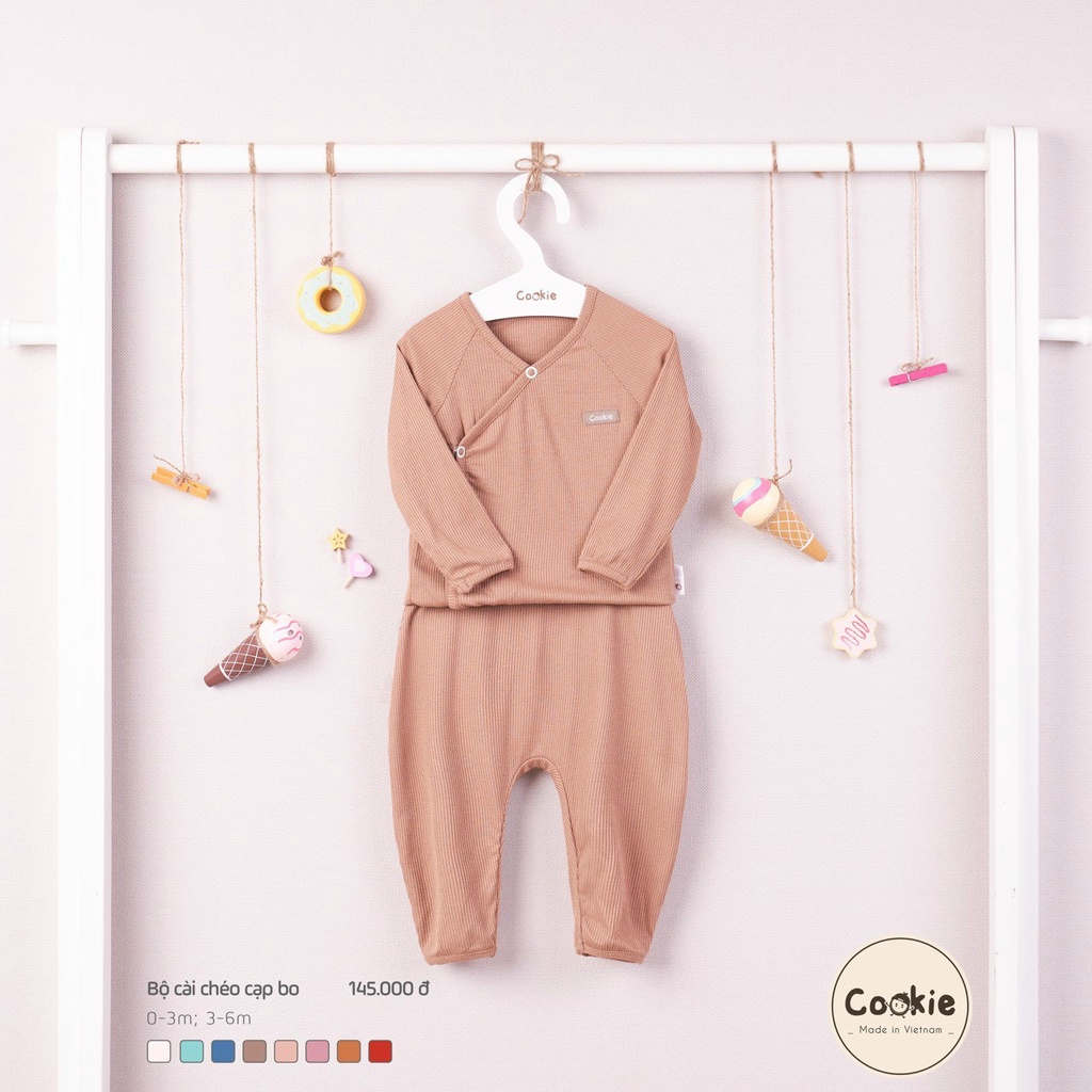 Bộ sơ sinh Cookie cài chéo dài tay cho bé trai bé gái, chất cotton tăm lạnh, mềm mát