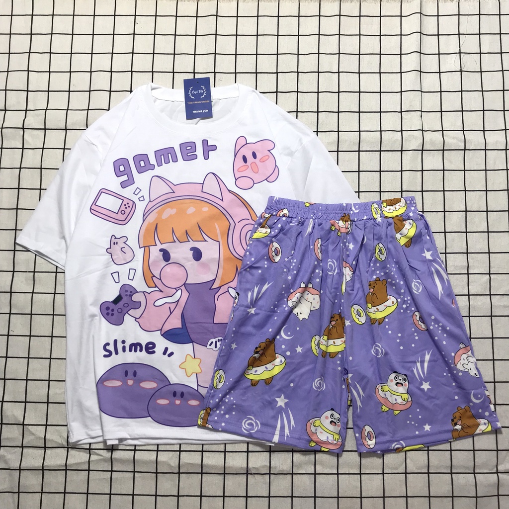 Set Đồ Bộ cartoon 3D Mẫu Gamer Slime-Lapi VN, Freesize Đến 65kg, Đồ Mặc Nhà Nam Nữ Đều Mặc Được