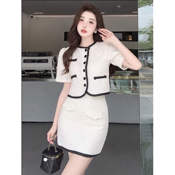 SET ÁO CROP XỐP TRẮNG VIỀN ĐEN + CHÂN VÁY TÚI NẮP