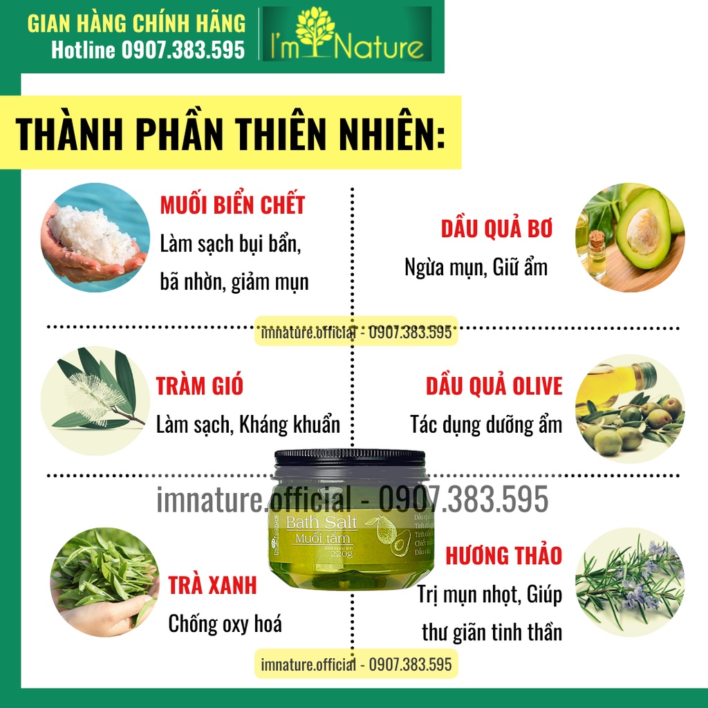 Muối Tắm Giảm Mụn Lưng - Ngừa Rôm Sảy - Thâm Nang Lông Với Tinh Chất Muối Biển Tràm Trà 220gr  I’m Nature