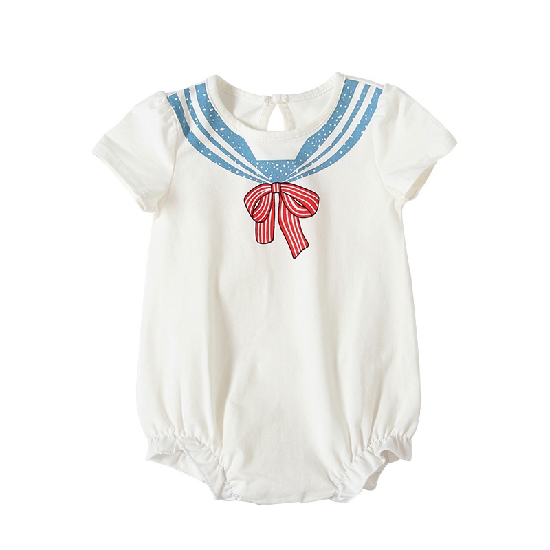 Bộ Áo Liền Quần Tay Ngắn Chất Liệu Cotton Đính Nơ Thời Trang Mùa Hè Cho Bé Gái Sơ Sinh