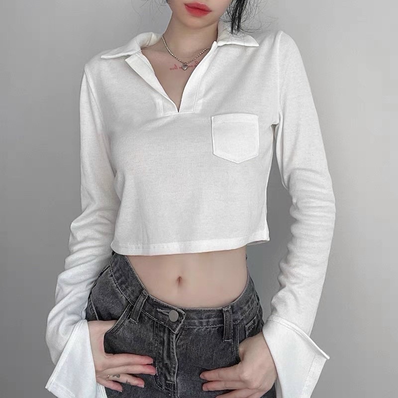 Áo ulzzang  Áo croptop polo cổ bẻ dài tay cá tính dành cho nữ có túi ngực PHULA style Hàn Quốc