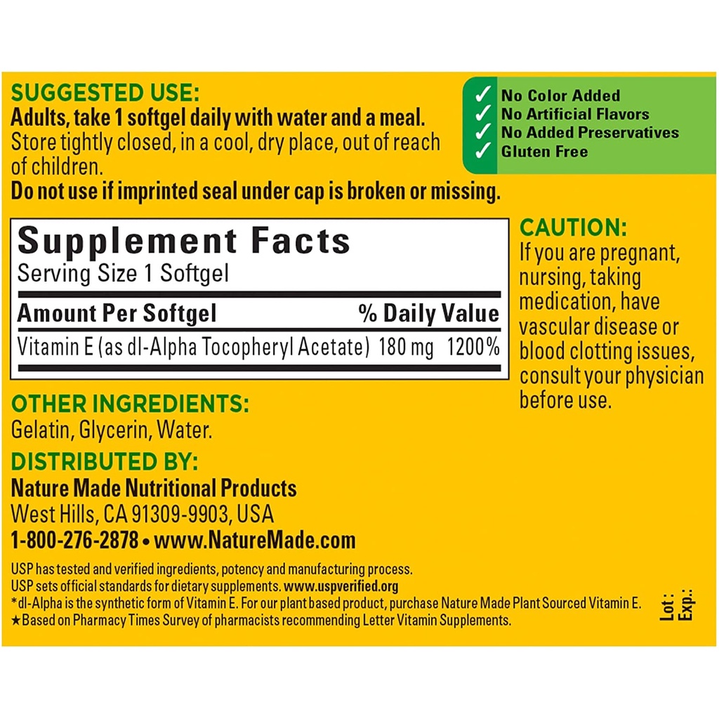 Viên uống làm đẹp da Vitamin E Nature Made 400IU của Mỹ