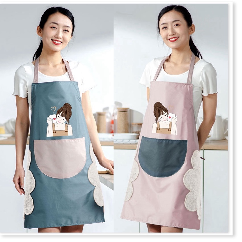 MVP2372 Tạp dề nhà bếp chống thấm nước, chống dâu, có lau tay và túi đựng hình cô gái