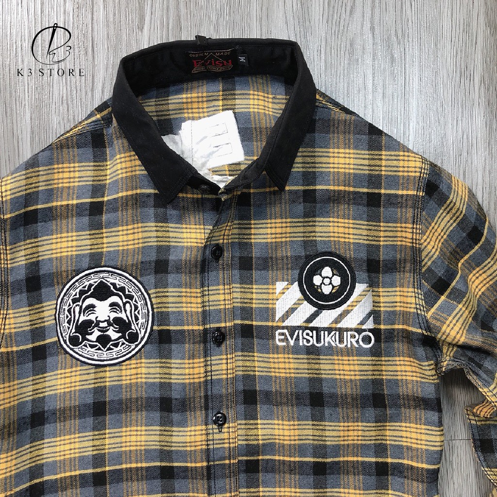 Áo thêu chữ sơ mi nam evisu thêu ông địa chỉ nổi chất kaki sơ mi caro sọc vàng đen dày dặn K3 STORE | BigBuy360 - bigbuy360.vn