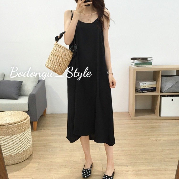 Váy 2 dây dáng suông chất đũi trơn mềm mát mùa hè_có nấc chỉnh dây vai vừa vặn V286