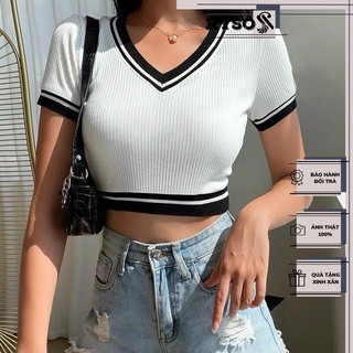 Áo croptop kiểu tay ngắn cổ tim chất co giãn thoải mái