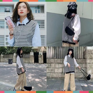 Set gile kẻ hàn quốc kèm áo sơ mi trắng hot