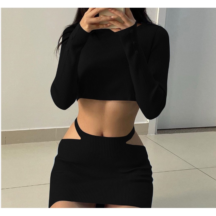 Jiashucheng Set Áo Lửng Dài Tay + Chân Váy Ôm Sát Quyến Rũ Thời Trang Dành Cho Nữ