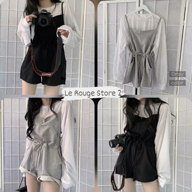 (ORDER) Set áo thun trắng dài tay + quần yếm thun mùa thu hè ống rộng rút dây style Hàn mùa thu nữ sinh (ảnh thật)